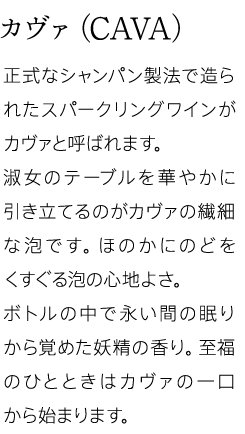 カヴァ(CAVA) 正式なシャンパン製法で造られたスパークリングワインがカヴァと呼ばれます。淑女のテーブルを華やかに引き立てるのがカヴァの繊細な泡です。ほのかにのどをくすぐる泡の心地よさ。ボトルの中で永い間の眠りから覚めた妖精の香り。至福のひとときはカヴァの一口から始まります。